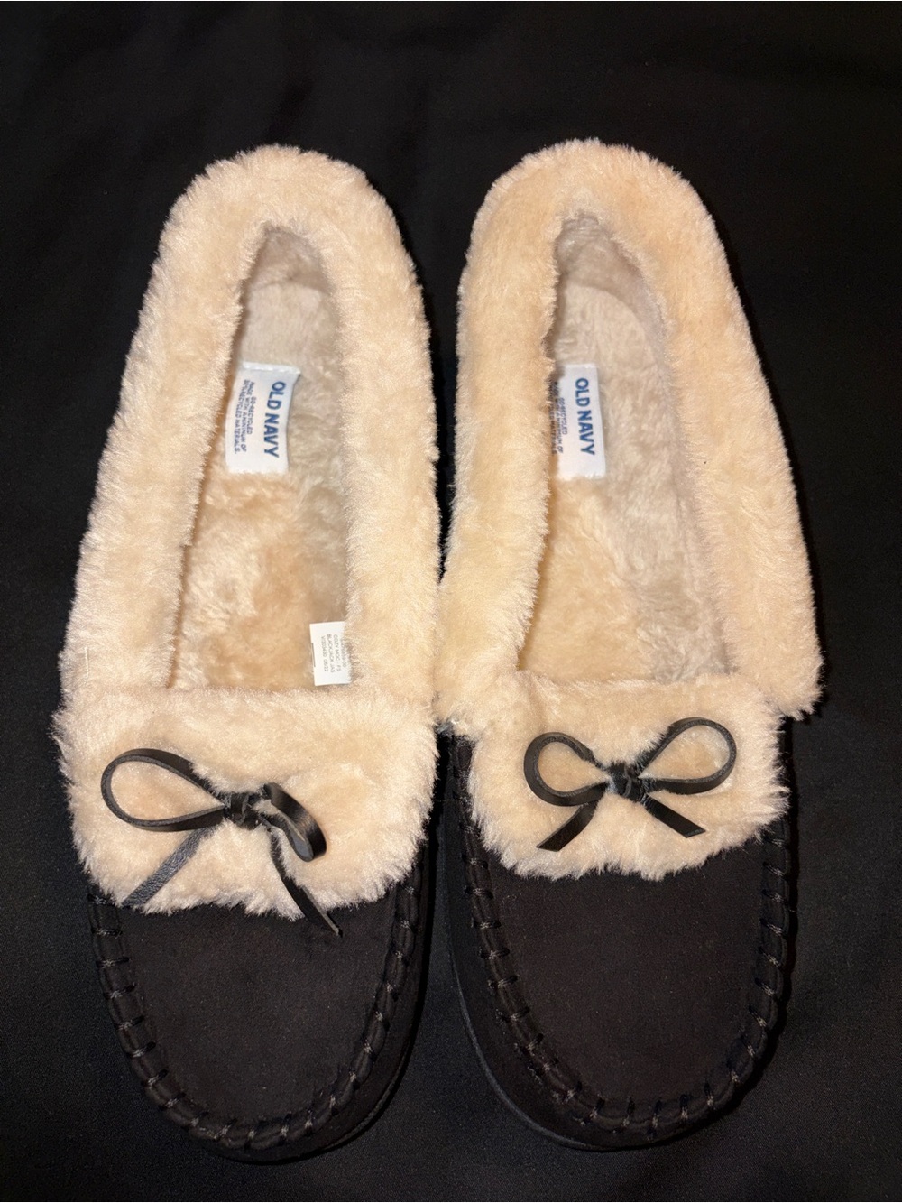 Old Navy Black Moccasin Slippers with Cream Faux-Fur Trim